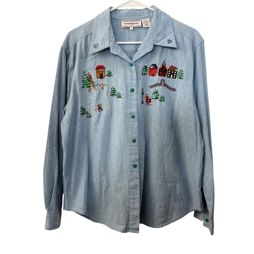 Westbound Casual Womens Large Blue Denim Embroidered Christmas Winter Shirt L